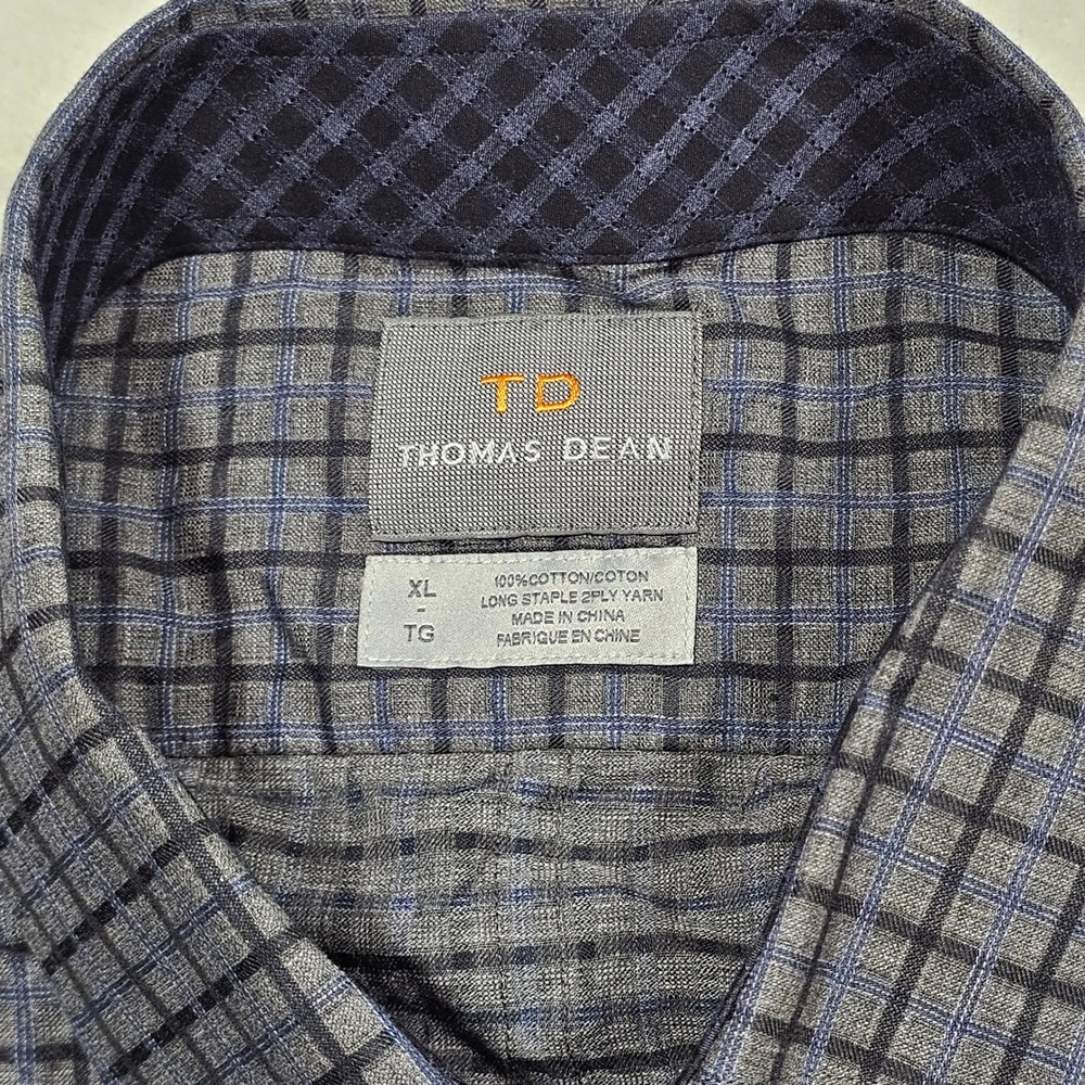 Thomas Dean Button Up Shirt Mens XL Grey Blue Grid Plaid Cotton Business Casual - Picture 4 of 9
